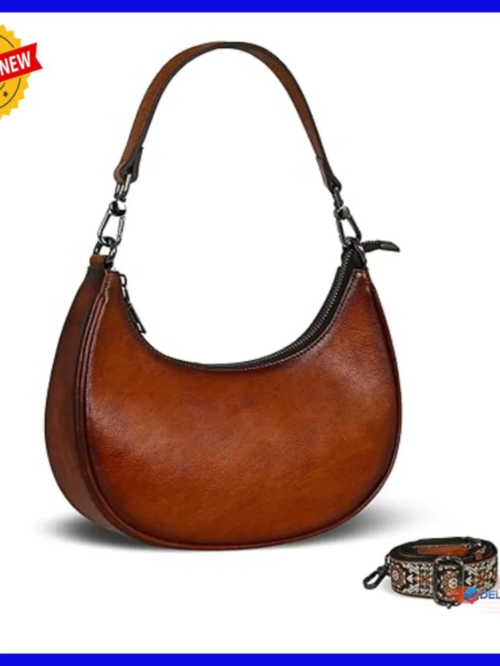 Genuine Leather Hobo Bag with 3 Straps, Crossbody Shoulder Purse, Compact Size